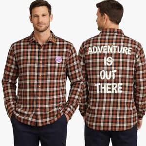Disney Pixar Shirt Mens Large Up Adventure Is Out There Plaid Flannel Orange